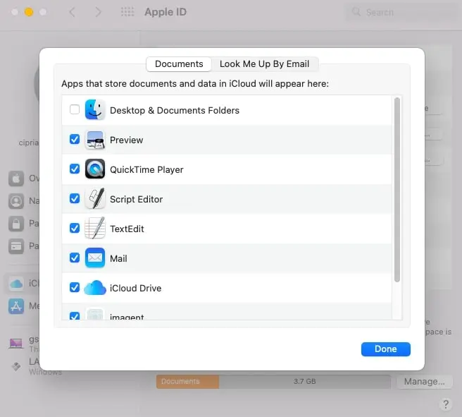 On an Apple MacBook or iMac, you can access iCloud by going into System Preferences and clicking on ‘Apple ID’. A new window will open, and you will see ‘iCloud’ on the left-hand side of the pane. Click on it and simply turn the radio button on for items you want to backup on the right-hand side. Make sure to also click on ‘Options’ next to ‘iCloud Drive’ in the right-hand pane, and from there select ‘Desktop & Documents Folders’. This is oftentimes overlooked by many.