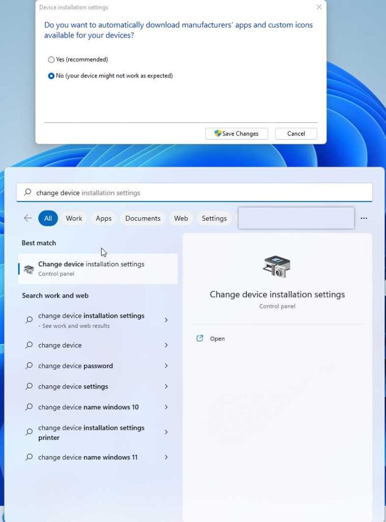 Device installation settings screenshot