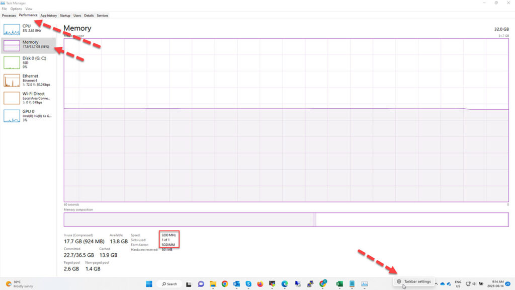 screenshot of using windows task manager to analyze memory usage