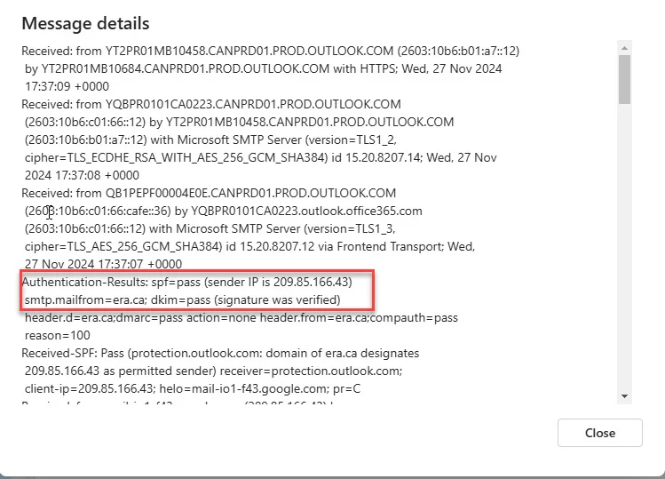 Most importantly, it validates the sender through authentication frameworks such as SPF, DKIM and DMARC. Look for these parameters and ensure that at least SPF and DKIM show as “pass”. Failure to do so, can indicate that the email had been tampered with or that it originates from a malicious source.