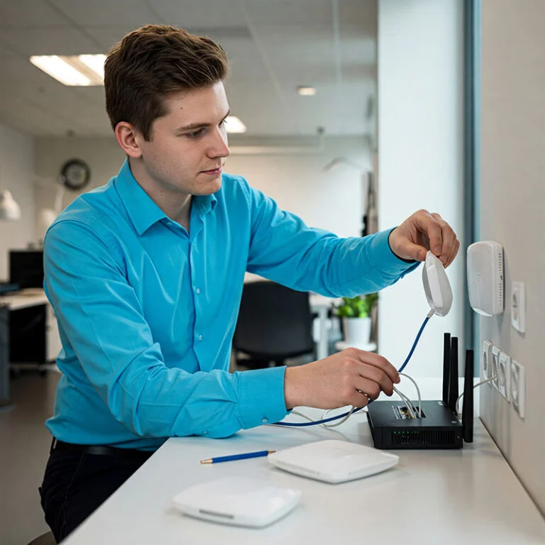 EezIT network technician setting up a business WiFi network in Calgary