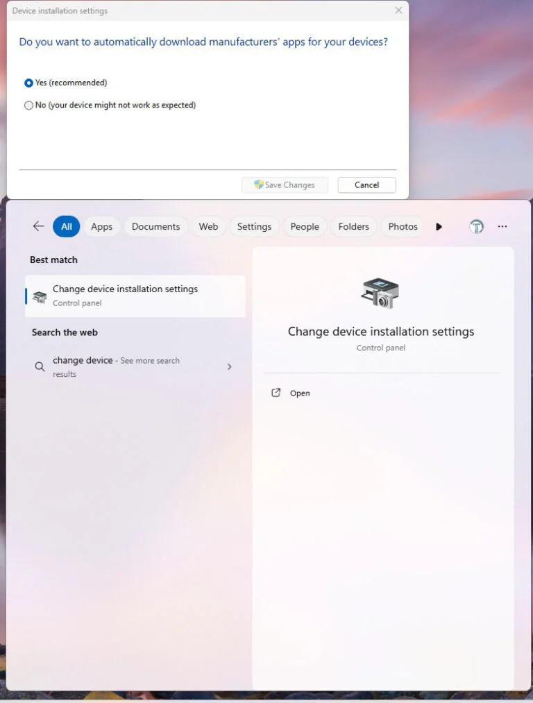 For systems experiencing graphics problems, manual driver management often provides better stability and control. Switching from automatic driver installation to manual is easy. Type “change device installation settings” in your search and select “no” on the pop-up screen. 