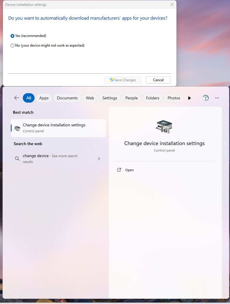 change device installation settings screenshot