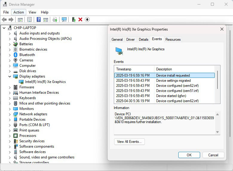 device manager screenshot while diagnosing GPU issues