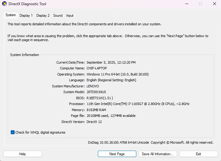 dxdiag screenshot while diagnosing failing GPU