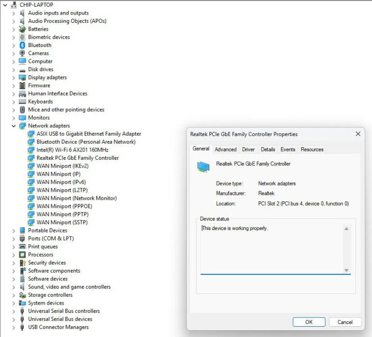 tech performing Realtek network check screenshot