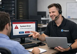 Computer monitor showing a system error message, highlighting urgent IT problems, paired with text advertising flexible, contract-free IT support."