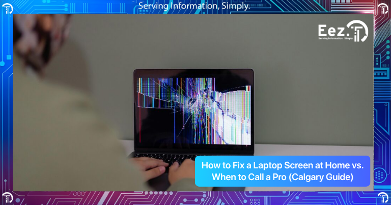 Person using a laptop with a cracked and flickering screen, showing display damage that may require repair or replacement