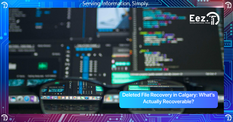 Deleted file recovery in Calgary showing data being restored from computer, hard drive, and USB storage devices safely