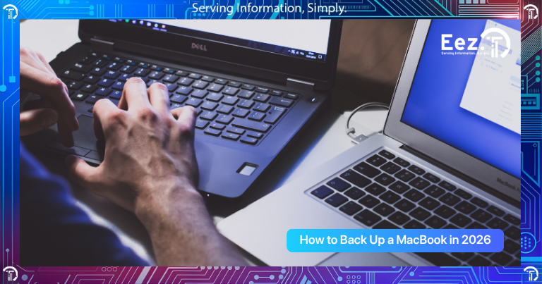How to back up MacBook in 2026 showing laptop connected to external drive and cloud backup protecting files securely