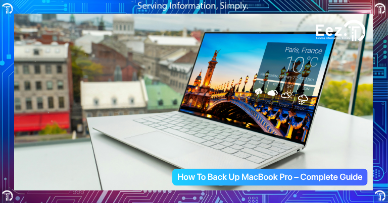 How to back up MacBook Pro showing laptop connected to external drive and cloud backup syncing files securely