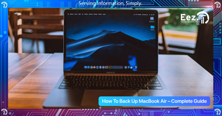 How to back up MacBook Air showing laptop connected to external drive and cloud backup syncing files for secure data protection