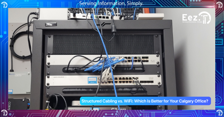 Structured cabling vs WiFi comparison showing wired network setup and wireless office network with routers and access points in a Calgary office