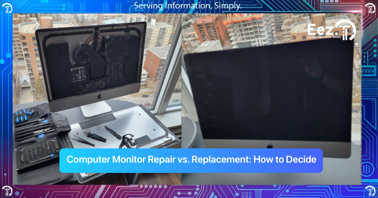 Computer monitor repair vs replacement infographic showing when to fix minor issues like flickering or power problems versus replacing for severe damage or outdated performance