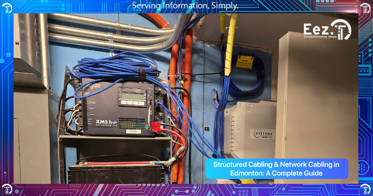 Structured cabling installation in Edmonton office showing organized network cables, server rack, and professional business network setup
