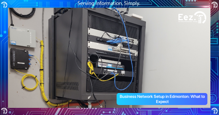 Business network setup in Edmonton showing technicians installing routers, structured cabling, and configuring a secure office network system