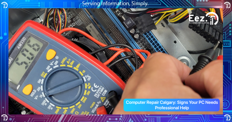 Computer Repair Calgary technician diagnosing slow desktop PC with overheating and system warning signs in professional repair workspace