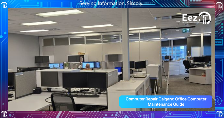 Computer Repair Calgary technician performing office computer maintenance and diagnosing business desktop PC systems in modern office