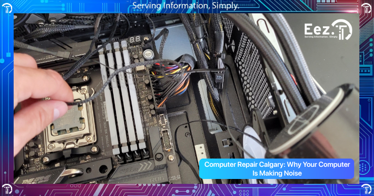 Computer Repair Calgary technician diagnosing loud desktop PC fan noise and overheating computer hardware inside repair workspace