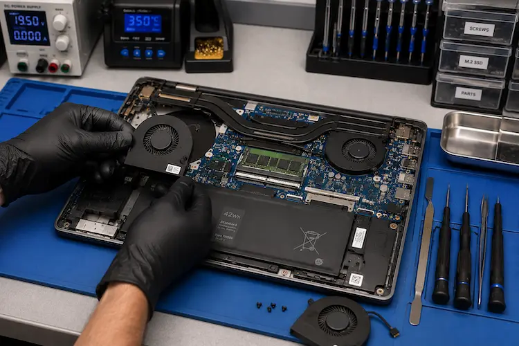 Technician replacing an internal cooling fan in a laptop at a professional computer repair workstation.