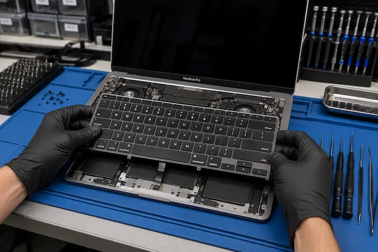 Technician installing a replacement keyboard in a MacBook Pro at a professional laptop repair workstation.