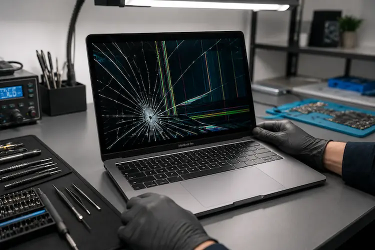 Cracked MacBook Pro screen being inspected at a professional laptop repair workstation.