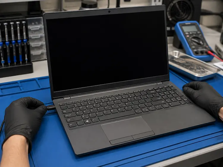 Technician diagnosing a PC laptop that will not turn on at a professional computer repair workstation.