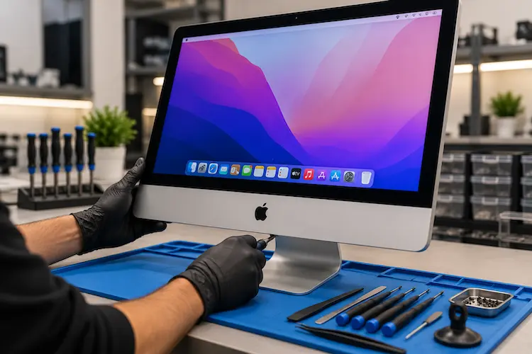 EezIT technician servicing an Apple iMac at a professional Mac repair workstation