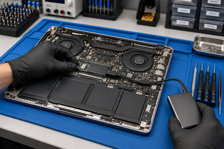 EezIT technician performing data recovery on an open MacBook Pro using an external storage drive at a professional repair workstation.